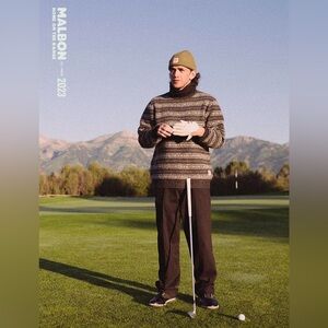 Malbon Golf Men's Platte Knit Sweater Striped Melange Aged Black Sweater Sz M